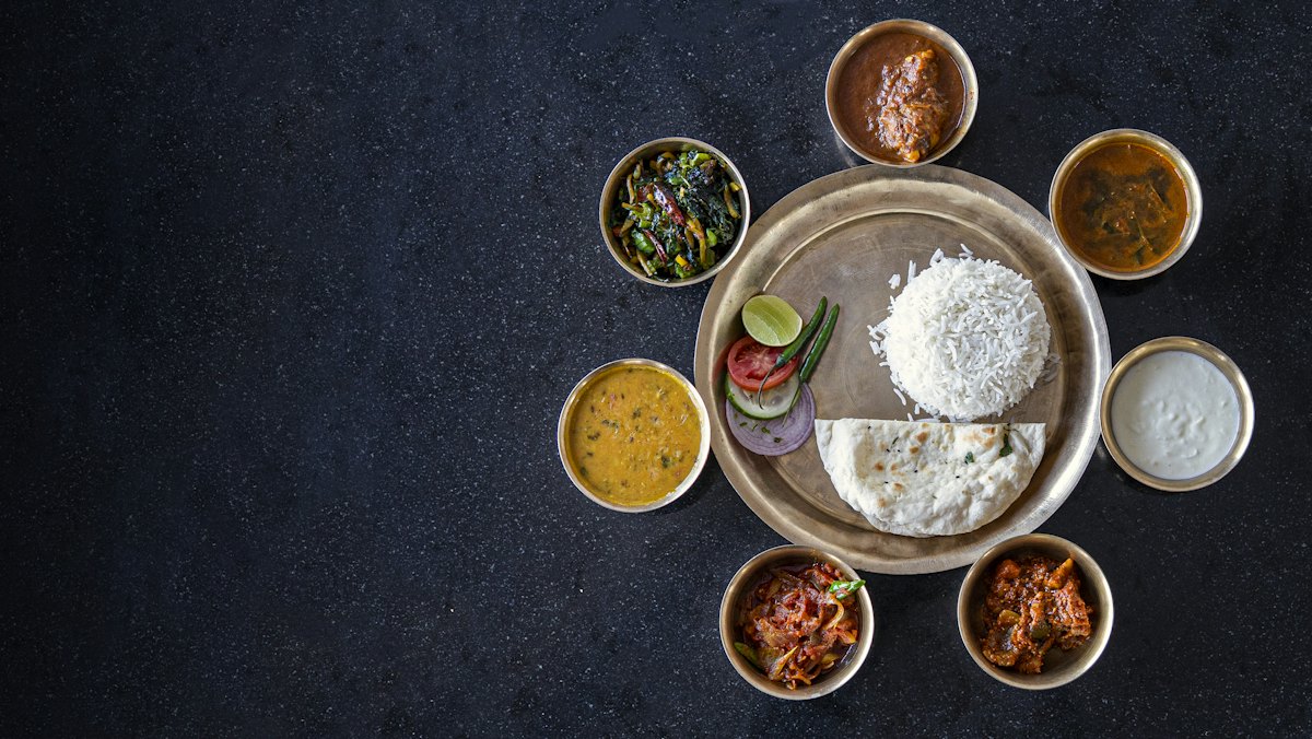 South Indian meals served with rice, curries and sides